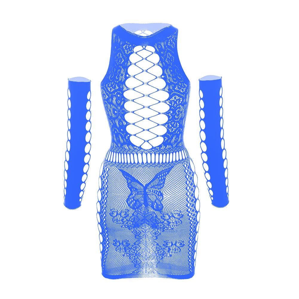 Gloves lace fishnet diamond pattern mini dress