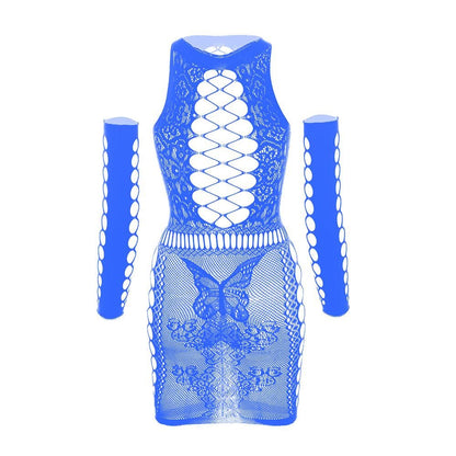 Gloves lace fishnet diamond pattern mini dress