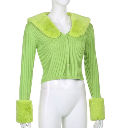 Button fluffy turnover collar knitted long sleeve cardigan top