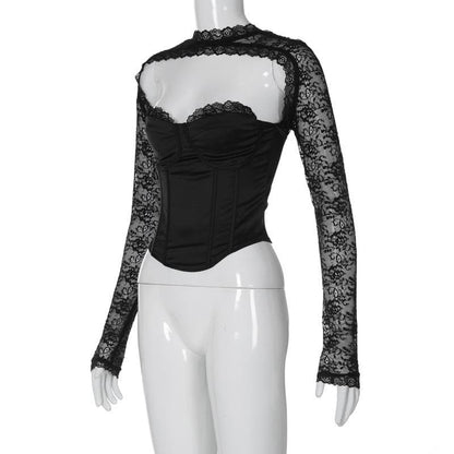 Long sleeve lace zip-up solid backless bustier patchwork top