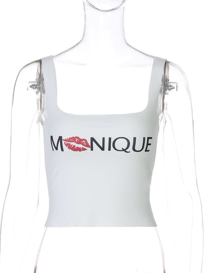 Square neck "MNIQUE" pattern backless cami top