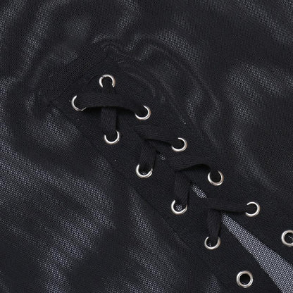 Sheer mesh see through lace up slit solid maxi skirt