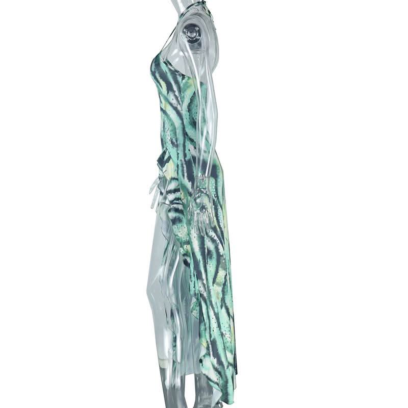 Halter self tie cross front high slit striped print maxi dress