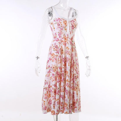Floral Print Ruched Tie Neck Wide Strap Sleeveless A-Line Maxi Dress