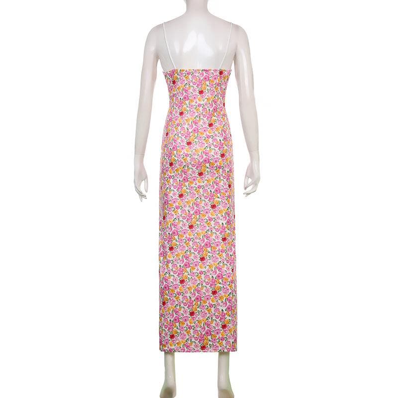 Floral Print V Neck Keyhole Tie Lace Trim Spaghetti Strap Cami Maxi Dress