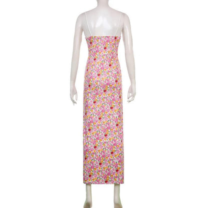 Floral Print V Neck Keyhole Tie Lace Trim Spaghetti Strap Cami Maxi Dress