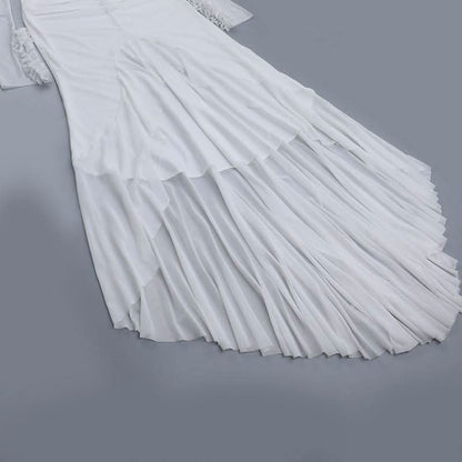 Hollow out long sleeve ruched ruffle mesh cut out maxi dress