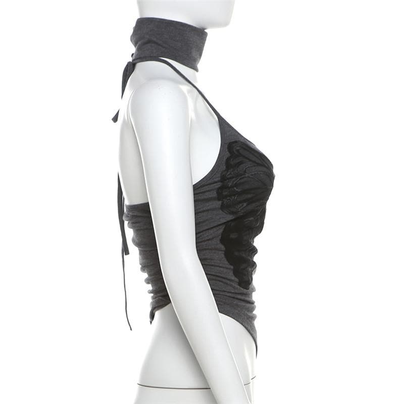 Halter high neck butterfly print irregular top