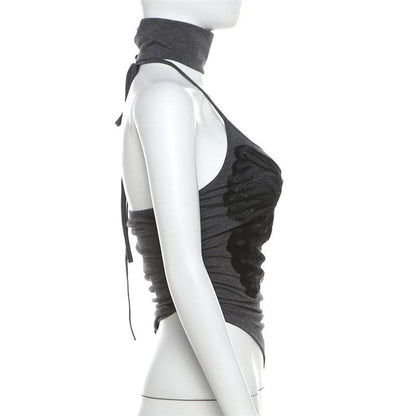 Halter high neck butterfly print irregular top