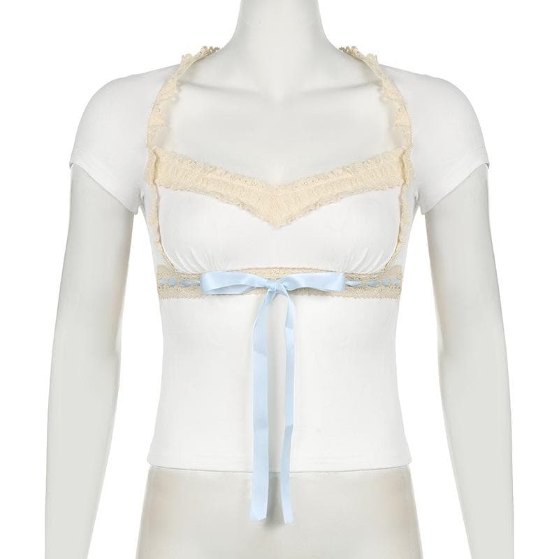 Short sleeve ribbon lace hem bowknot top