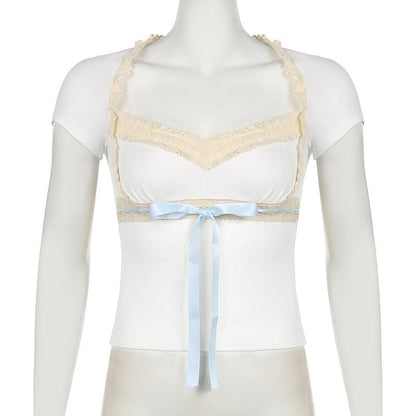 Short sleeve ribbon lace hem bowknot top