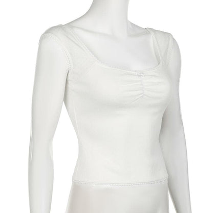 Cap sleeve ribbed bowknot textured lace hem top