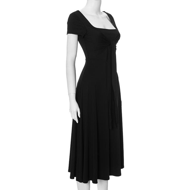 Short sleeve solid square neck midi dress