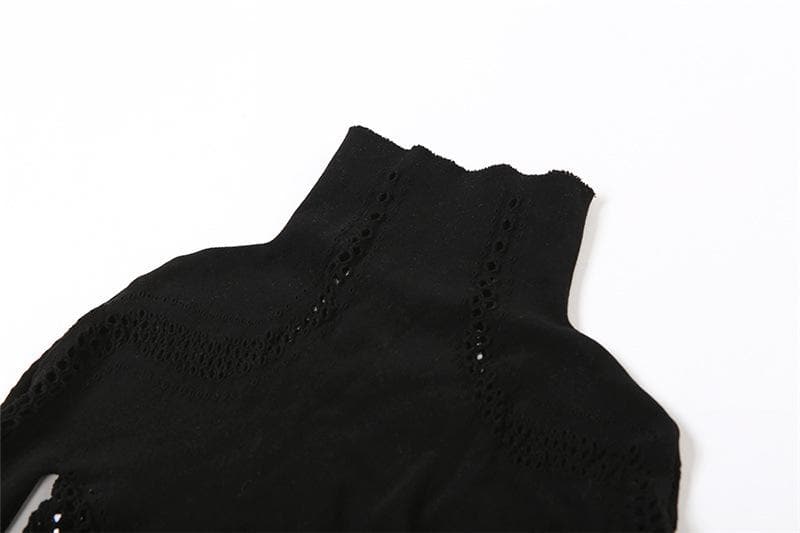 Mock Neck Long Sleeve Fishnet Mesh Panel Hollow Out Bodycon Mini Dress