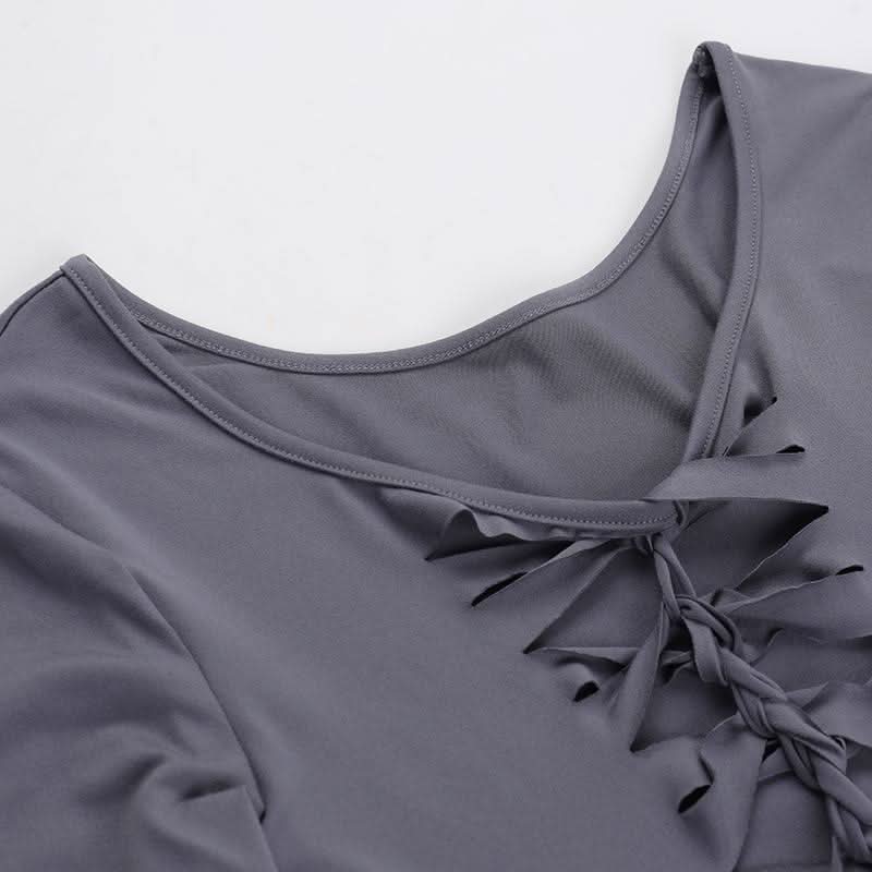 Long sleeve hollow out v neck self tie solid cut out top