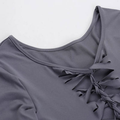 Long sleeve hollow out v neck self tie solid cut out top