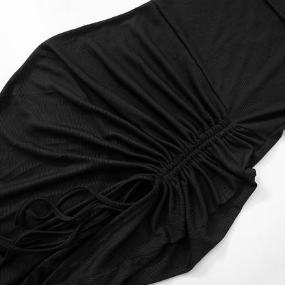 Flared sleeve off shoulder slit ruched self tie midi dress