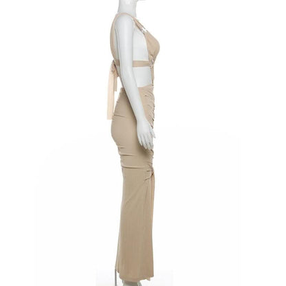 O ring textured hollow out self tie ruched tank cut out maxi dress-final-sale