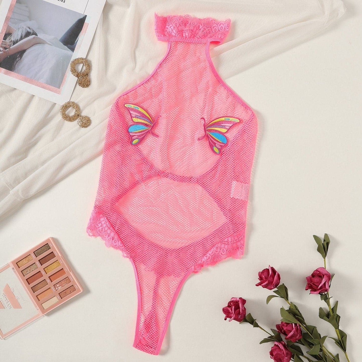 Halter butterfly pattern fishnet lace bodysuit