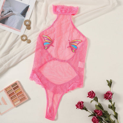 Halter butterfly pattern fishnet lace bodysuit