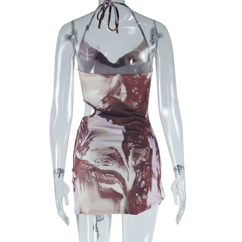 Halter cowl neck hollow out o ring abstract cut out mini dress