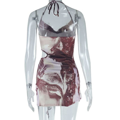 Halter cowl neck hollow out o ring abstract cut out mini dress