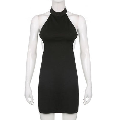 Sleeveless solid halter hollow out backless button cut out mini dress
