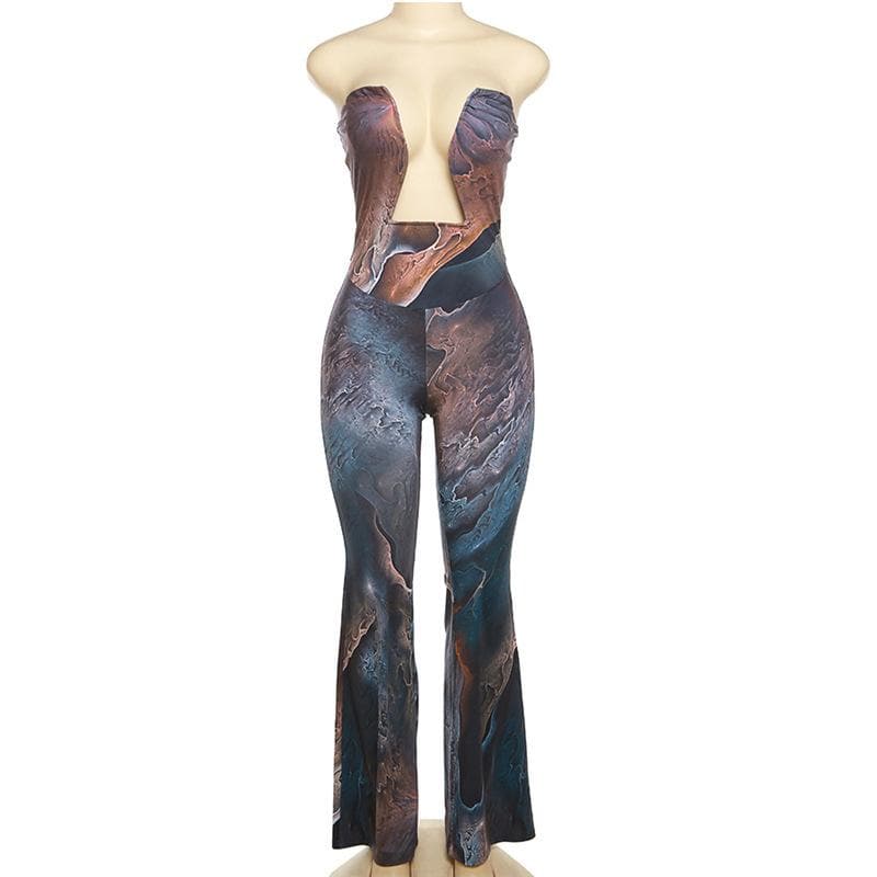 Print abstract notch neck tube jumpsuit