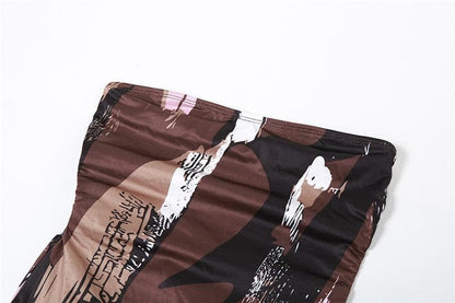 Print ruched backless hollow out tube cut out maxi dress