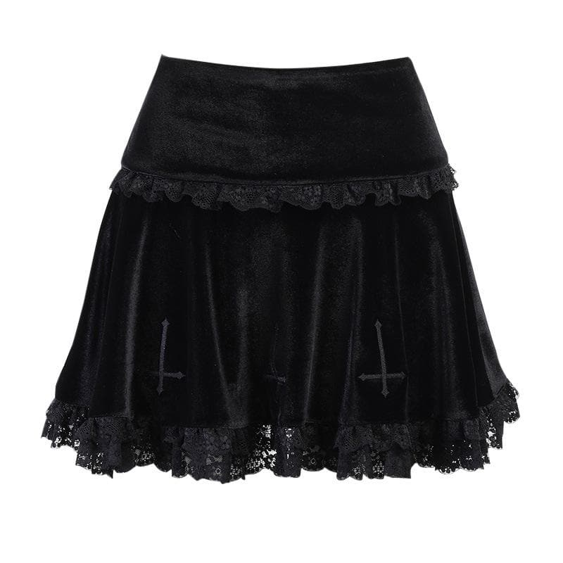 Solid A line lace hem spider web pattern mini skirt