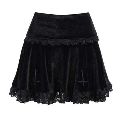 Solid A line lace hem spider web pattern mini skirt