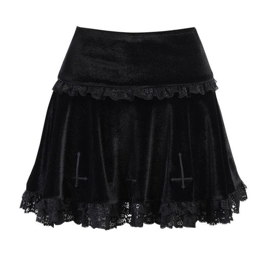 Solid A line lace hem spider web pattern mini skirt