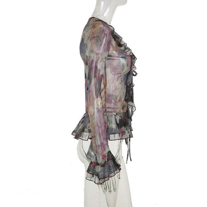Long flared sleeve mesh abstract ruffle self tie top