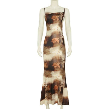 Square neck contrast flower print cami maxi dress