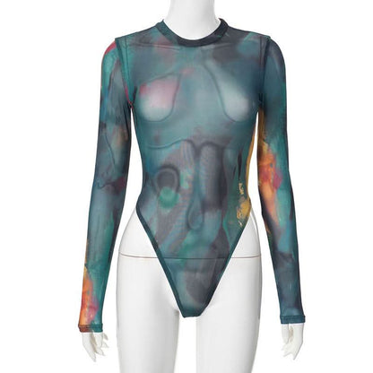 Long sleeve crewneck sheer mesh button print bodysuit