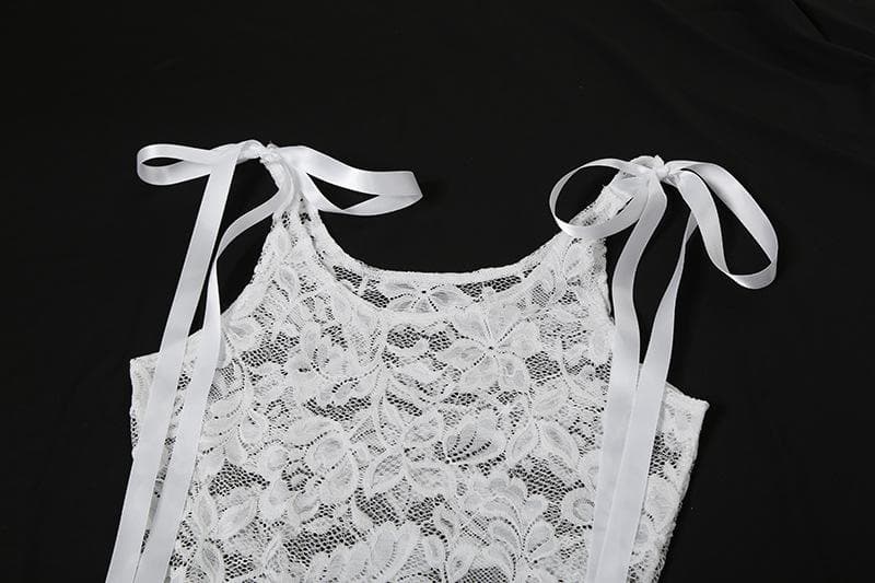 Sleeveless u neck lace bowknot knotted ribbon see through mini dress