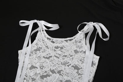 Sleeveless u neck lace bowknot knotted ribbon see through mini dress