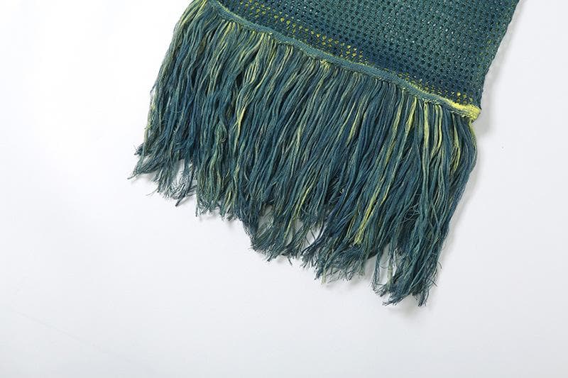 Crochet tassels off shoulder contrast long sleeve maxi dress-final-sale