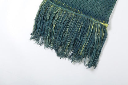 Crochet tassels off shoulder contrast long sleeve maxi dress-final-sale