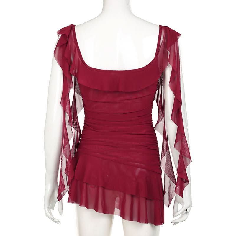 Square neck ruffle mesh ruched cami mini dress