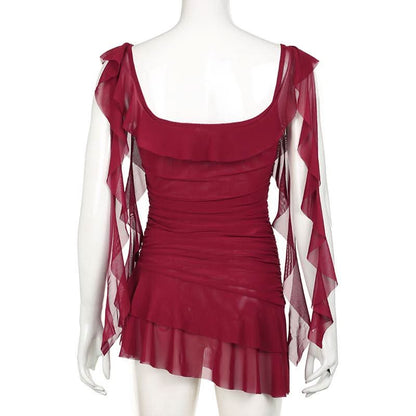 Square neck ruffle mesh ruched cami mini dress