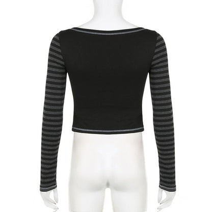 Striped patchwork long sleeve contrast stitch top