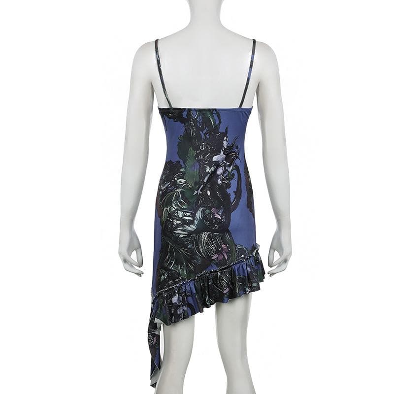 Lace hem v neck print backless cami mini dress
