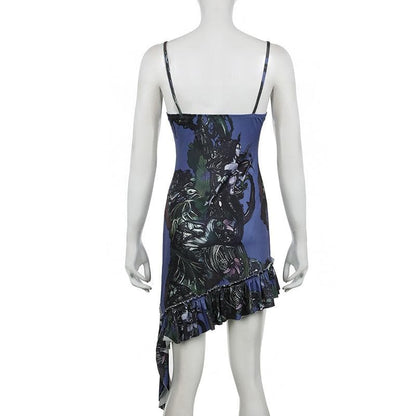 Lace hem v neck print backless cami mini dress