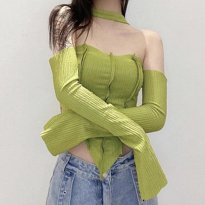 Long sleeve off shoulder patchwork halter top