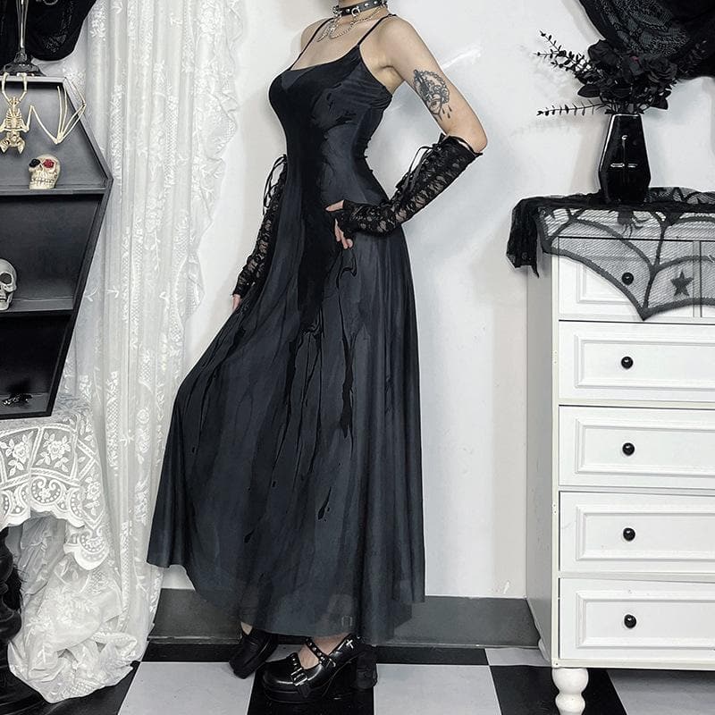 U neck butterfly print mesh cami maxi dress