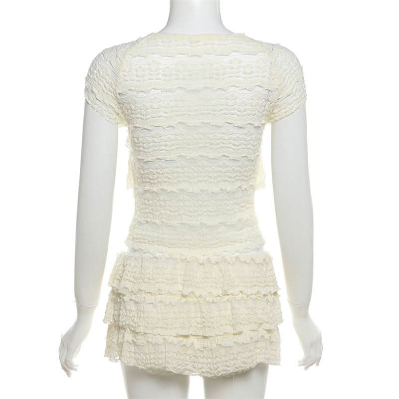 Crewneck ruffle lace ruched cap sleeve pant set