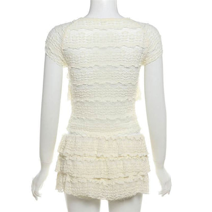 Crewneck ruffle lace ruched cap sleeve pant set