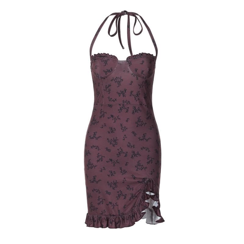 Halter print ruffle knotted backless mini dress