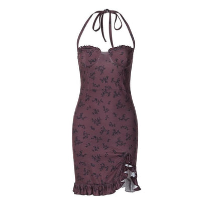 Halter print ruffle knotted backless mini dress